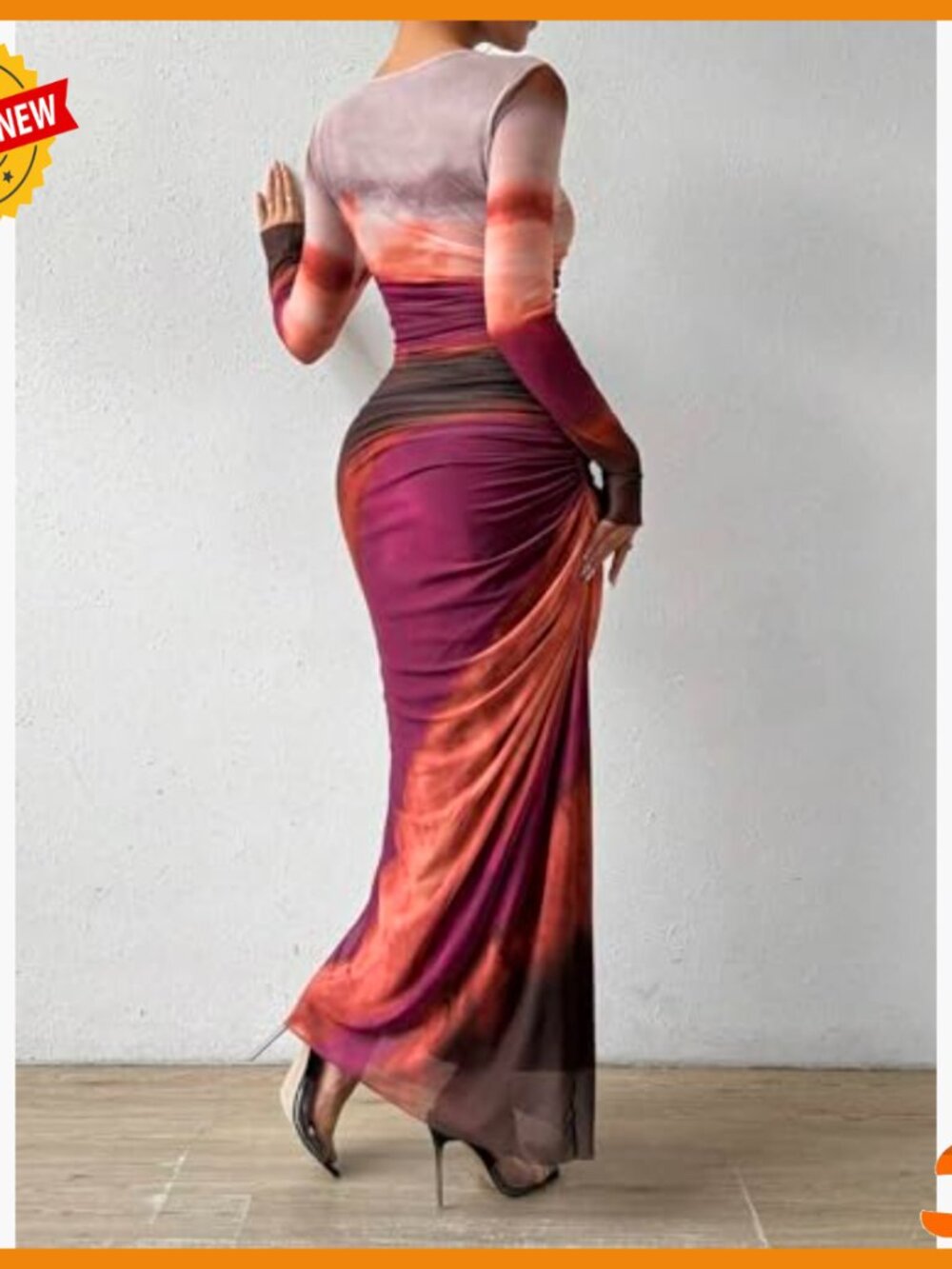 Long Sleeve Maxi Bodycon Dress Ruched Formal Slim Fit Mesh Tie Dye - Picture 2 of 7